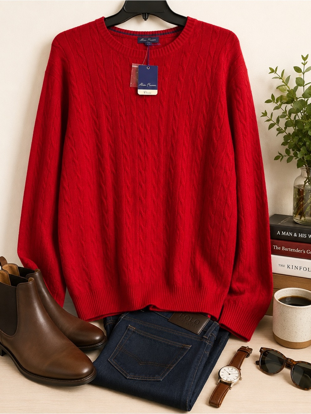 Alan Flusser Red Cable Knit Crewneck Sweater